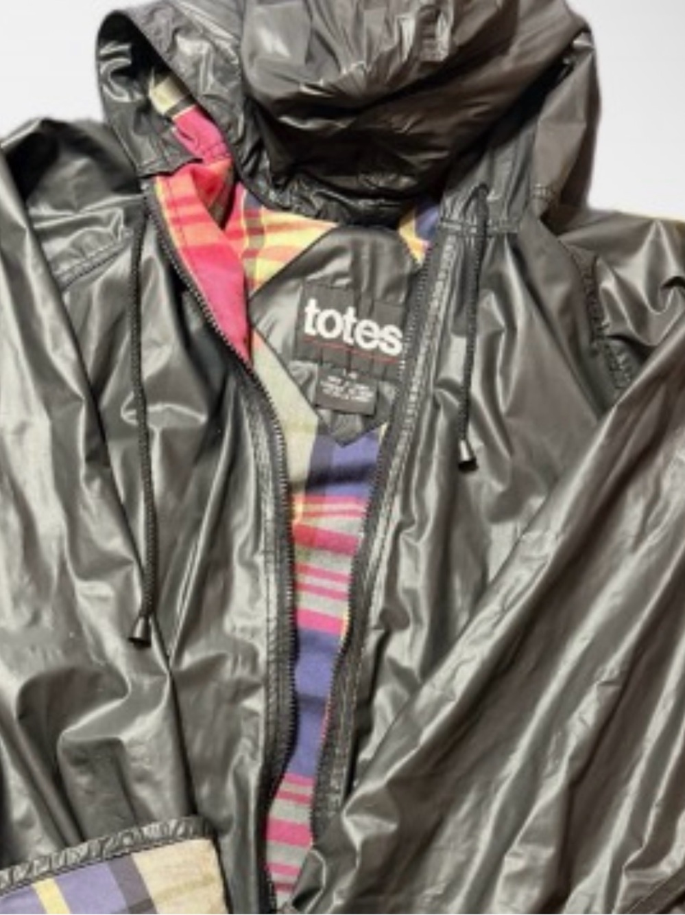 Totes Black Hooded Raincoat with Colorful Plaid Lining - Picture 1 of 4